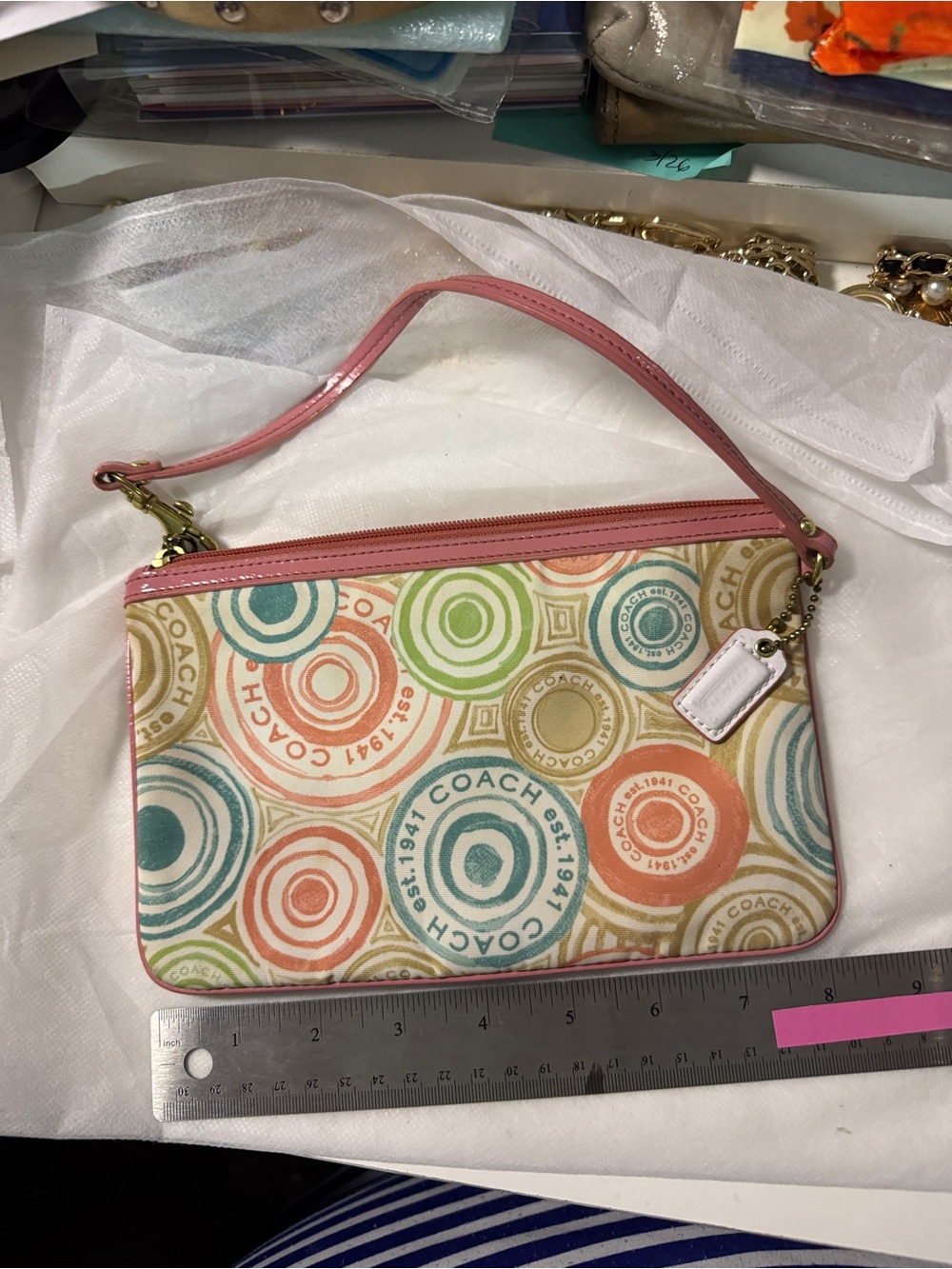 Coach Multicolor Circle Logo Wristlet with Pink Trim
